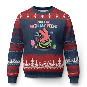 Easter Day Ugly Christmas Sweater Chillin With My Peeps Bunnies TS10 Navy Red Print Your Wear