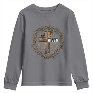 Easter Cross He is Risen Youth Sweatshirt Jesus Christian Crown Of Thorns TS10 Charcoal Print Your Wear