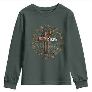 Easter Cross He is Risen Youth Sweatshirt Jesus Christian Crown Of Thorns TS10 Dark Forest Green Print Your Wear