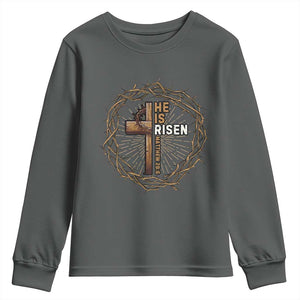 Easter Cross He is Risen Youth Sweatshirt Jesus Christian Crown Of Thorns TS10 Dark Heather Print Your Wear