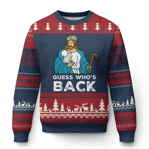 Guess Whos Back Ugly Christmas Sweater Funny Religious Jesus Back Cute Bunny TS10 Navy Red Print Your Wear