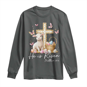 He Is Risen Easter Long Sleeve Shirt Lamb Flowers Cross TS10 Dark Heather Print Your Wear
