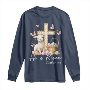 He Is Risen Easter Long Sleeve Shirt Lamb Flowers Cross TS10 Navy Print Your Wear