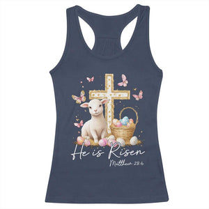 He Is Risen Easter Racerback Tank Top Lamb Flowers Cross TS10 Navy Print Your Wear