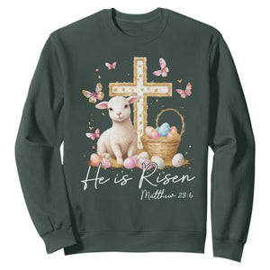 He Is Risen Easter Sweatshirt Lamb Flowers Cross TS10 Dark Forest Green Print Your Wear
