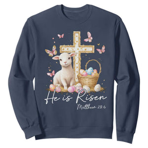 He Is Risen Easter Sweatshirt Lamb Flowers Cross TS10 Navy Print Your Wear