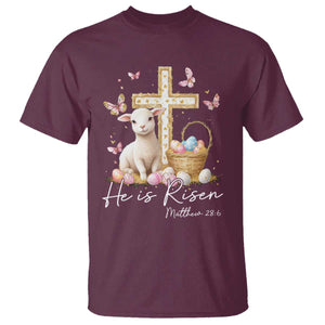 He Is Risen Easter T Shirt Lamb Flowers Cross TS10 Maroon Print Your Wear
