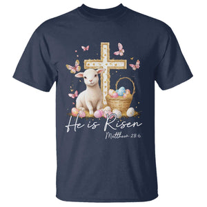He Is Risen Easter T Shirt Lamb Flowers Cross TS10 Navy Print Your Wear