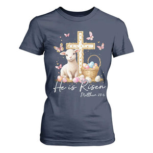 He Is Risen Easter T Shirt For Women Lamb Flowers Cross TS10 Navy Print Your Wear