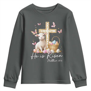 He Is Risen Easter Youth Sweatshirt Lamb Flowers Cross TS10 Dark Heather Print Your Wear