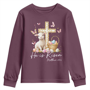 He Is Risen Easter Youth Sweatshirt Lamb Flowers Cross TS10 Maroon Print Your Wear