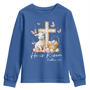 He Is Risen Easter Youth Sweatshirt Lamb Flowers Cross TS10 Royal Blue Print Your Wear