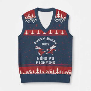 Every Bunny Was Kung Fu Fighting V-Neck Knit Sweater Vest Funny Cool Easter Graphic TS10 Navy Red Print Your Wear