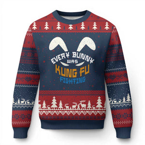 Every Bunny Was Kung Fu Fighting Ugly Christmas Sweater Funny Easter Vintage Rabbit Face TS10 Navy Red Print Your Wear