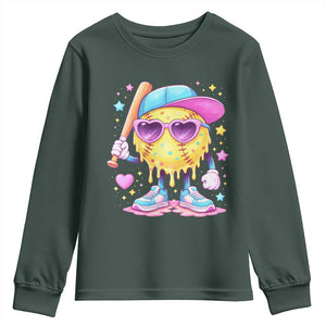 Funny Softball Drip Youth Sweatshirt Ice Cream Sprinkles Softball Girls Kid TS10 Dark Forest Green Print Your Wear