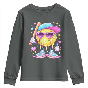Funny Softball Drip Youth Sweatshirt Ice Cream Sprinkles Softball Girls Kid TS10 Dark Heather Print Your Wear