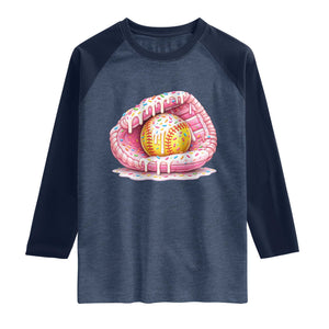 Softball Drip Raglan Shirt Ice Cream Sprinkles Softball Glove Girls Kid TS10 Heather Denim Navy Print Your Wear