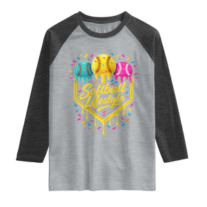 Softball Drip Raglan Shirt Ice Cream Sprinkles Softball Life Style TS10 Heather Gray Heather Charcoal Print Your Wear
