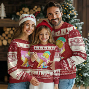 Softball Drip Ugly Christmas Sweater Cute Softball Girls Ice Cream Drip Game Day TS10 Red Beige Print Your Wear
