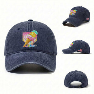 Softball Drip Washed Cotton Baseball Cap Cute Softball Girls Ice Cream Drip Game Day TS10 Washed Cap Universal Fit Navy Print Your Wear
