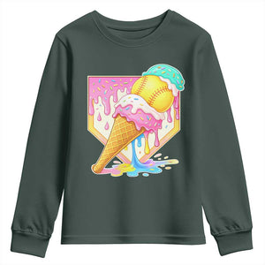 Softball Drip Youth Sweatshirt Cute Softball Girls Ice Cream Drip Game Day TS10 Dark Forest Green Print Your Wear