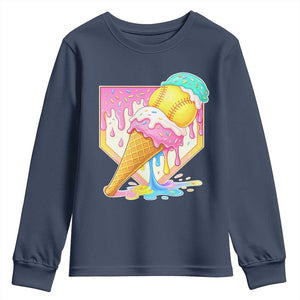 Softball Drip Youth Sweatshirt Cute Softball Girls Ice Cream Drip Game Day TS10 Navy Print Your Wear