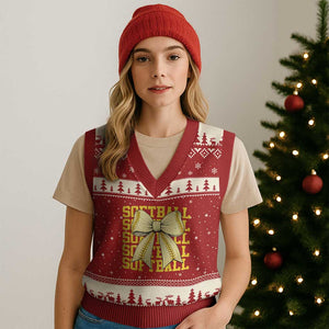 Softball Bow V-Neck Knit Sweater Vest Sister Sport Lovers Girls Team TS10 Red Beige Print Your Wear