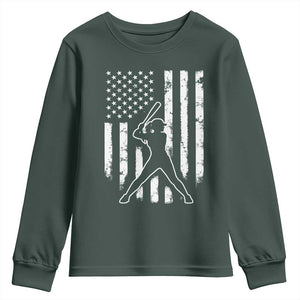 Vintage Patriotic Softball Youth Sweatshirt Girls Baseball Softball Player American Flag TS10 Dark Forest Green Print Your Wear