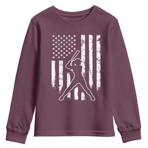Vintage Patriotic Softball Youth Sweatshirt Girls Baseball Softball Player American Flag TS10 Maroon Print Your Wear