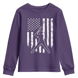 Vintage Patriotic Softball Youth Sweatshirt Girls Baseball Softball Player American Flag TS10 Purple Print Your Wear