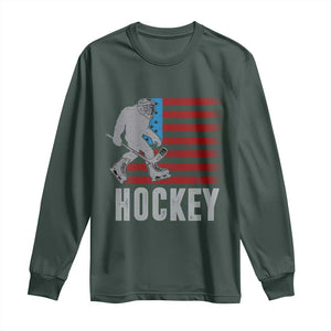 Hockey Bigfoot USA Flag Long Sleeve Shirt Vintage Patriotic Ice Hockey Player TS10 Dark Forest Green Print Your Wear