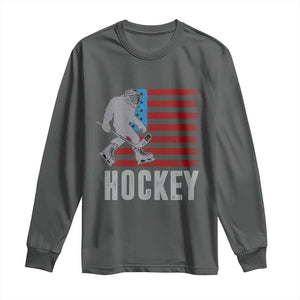 Hockey Bigfoot USA Flag Long Sleeve Shirt Vintage Patriotic Ice Hockey Player TS10 Dark Heather Print Your Wear