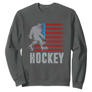 Hockey Bigfoot USA Flag Sweatshirt Vintage Patriotic Ice Hockey Player TS10 Dark Heather Print Your Wear