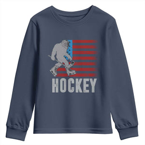 Hockey Bigfoot USA Flag Youth Sweatshirt Vintage Patriotic Ice Hockey Player TS10 Navy Print Your Wear