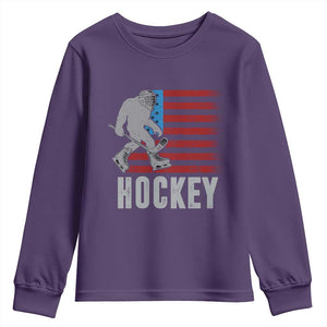 Hockey Bigfoot USA Flag Youth Sweatshirt Vintage Patriotic Ice Hockey Player TS10 Purple Print Your Wear