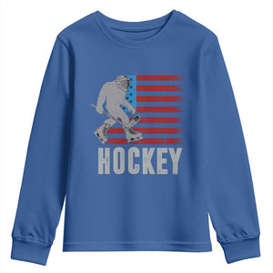 Hockey Bigfoot USA Flag Youth Sweatshirt Vintage Patriotic Ice Hockey Player TS10 Royal Blue Print Your Wear