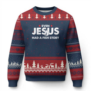 Christian Fishing Ugly Christmas Sweater Even Jesus Had A Fish Story Funny Fisherman TS10 Navy Red Print Your Wear
