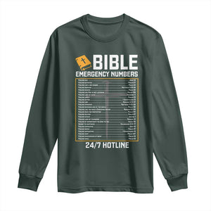 Bible Emergency Numbers Long Sleeve Shirt Funny Christian Bible Jesus Religious TS10 Dark Forest Green Print Your Wear