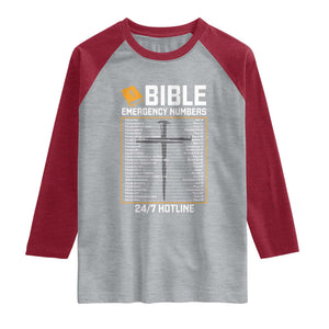 Bible Emergency Numbers Raglan Shirt Funny Christian Bible Jesus Religious TS10 Heather Gray Heather Red Print Your Wear