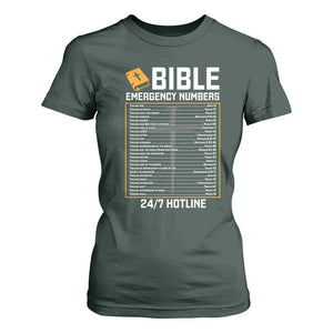 Bible Emergency Numbers T Shirt For Women Funny Christian Bible Jesus Religious TS10 Dark Forest Green Print Your Wear