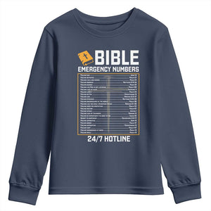 Bible Emergency Numbers Youth Sweatshirt Funny Christian Bible Jesus Religious TS10 Navy Print Your Wear