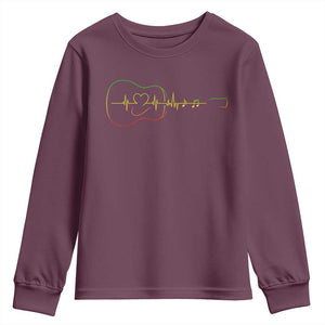 Guitar Rastafari Heartbeat Youth Sweatshirt Jamaica ECG Pulse Rasta Reggae Music Vibes TS10 Maroon Print Your Wear