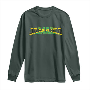 Jamaican Pride Long Sleeve Shirt Retro Jamaica Flag Distressed Varsity Lettering Style TS10 Dark Forest Green Print Your Wear