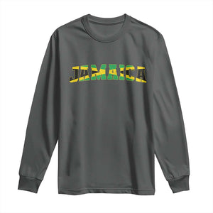 Jamaican Pride Long Sleeve Shirt Retro Jamaica Flag Distressed Varsity Lettering Style TS10 Dark Heather Print Your Wear