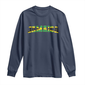 Jamaican Pride Long Sleeve Shirt Retro Jamaica Flag Distressed Varsity Lettering Style TS10 Navy Print Your Wear