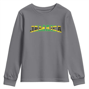 Jamaican Pride Youth Sweatshirt Retro Jamaica Flag Distressed Varsity Lettering Style TS10 Charcoal Print Your Wear