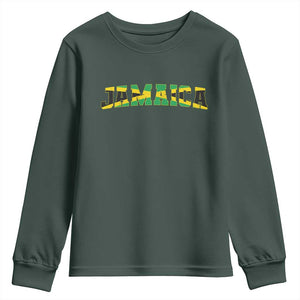 Jamaican Pride Youth Sweatshirt Retro Jamaica Flag Distressed Varsity Lettering Style TS10 Dark Forest Green Print Your Wear