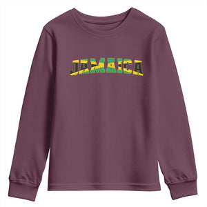 Jamaican Pride Youth Sweatshirt Retro Jamaica Flag Distressed Varsity Lettering Style TS10 Maroon Print Your Wear