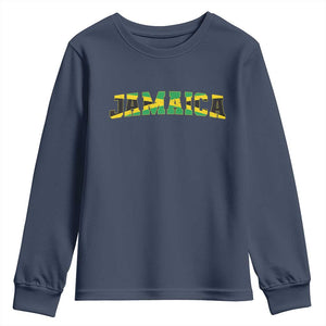 Jamaican Pride Youth Sweatshirt Retro Jamaica Flag Distressed Varsity Lettering Style TS10 Navy Print Your Wear