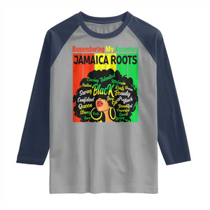Proud Jamaican Afro Black Woman Raglan Shirt Remembering My Ancestors Jamaica Pride TS10 Sport Gray Navy Print Your Wear